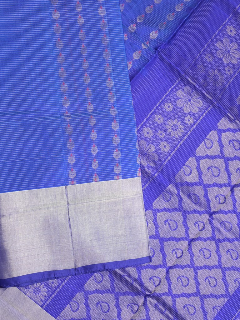 Uppada pattu saree blue color allover zari motifs & long kaddi border with rich pallu and contrast plain blouse