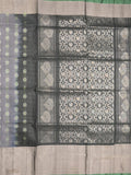 Uppada pattu saree grey color allover zari motifs & long kaddi border with rich pallu and contrast plain blouse