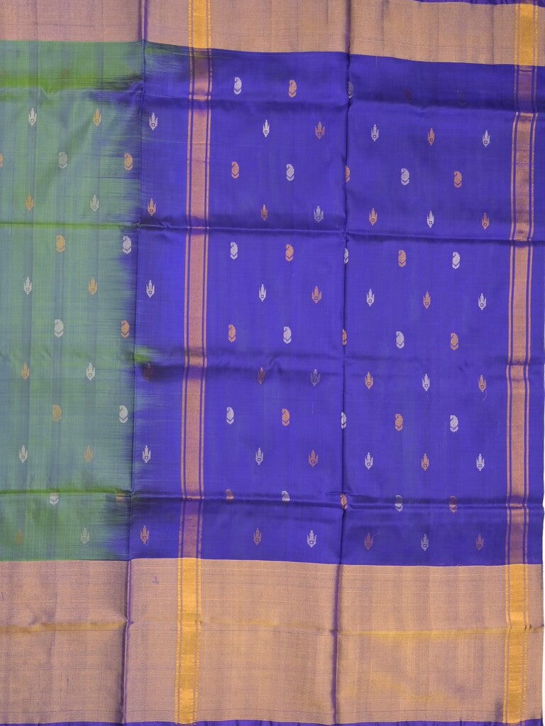 Uppada pattu saree peacock green color allover zari motifs & long kaddi border with rich pallu and contrast plain blouse