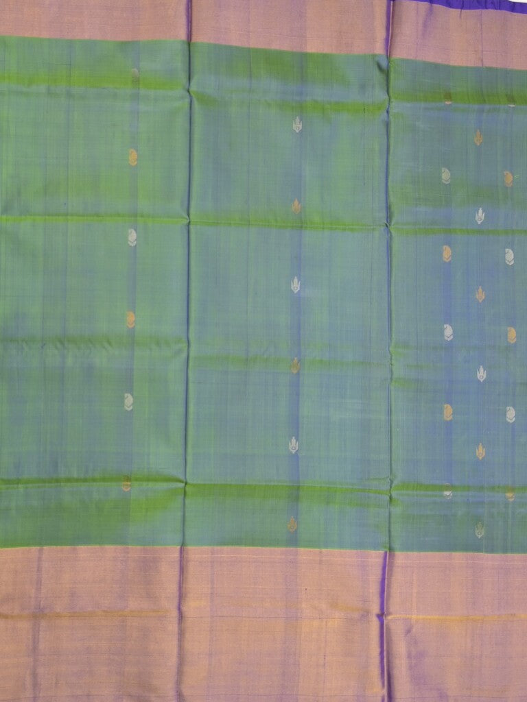 Uppada pattu saree peacock green color allover zari motifs & long kaddi border with rich pallu and contrast plain blouse