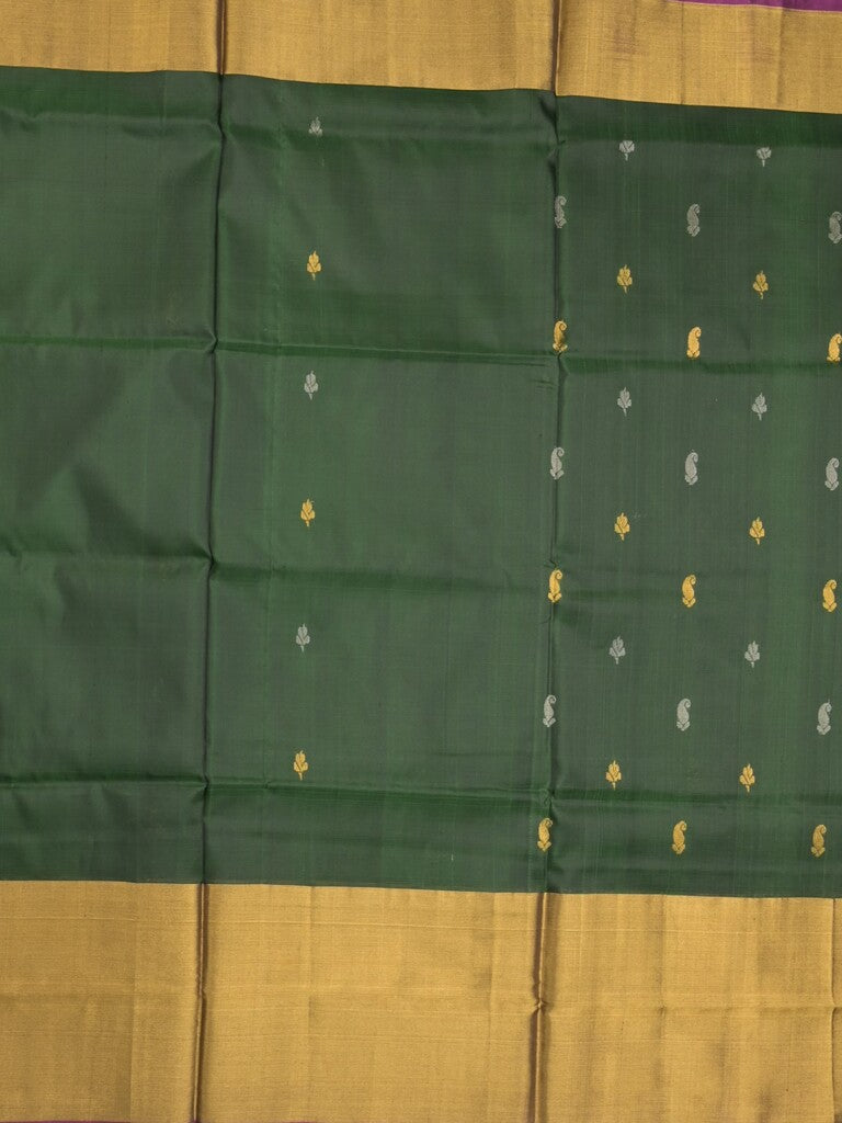 Uppada pattu saree bottle green color allover zari motifs & long kaddi border with rich pallu and contrast plain blouse