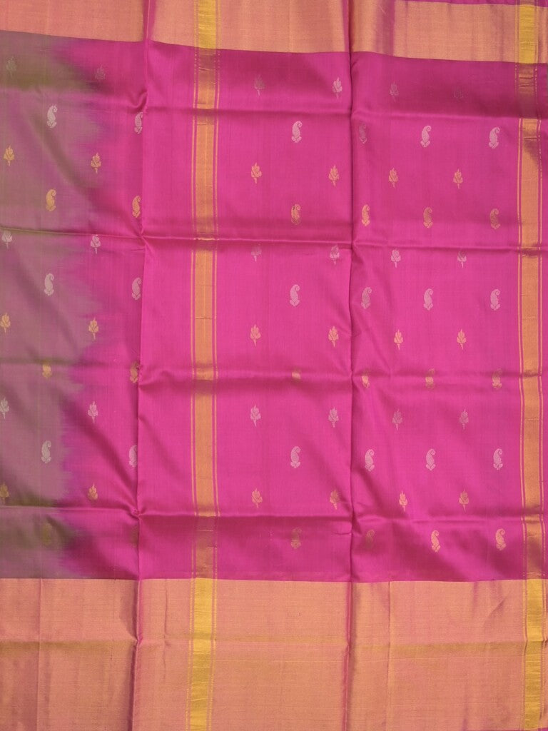 Uppada pattu saree greyish pink color allover zari motifs & long kaddi border with rich pallu and contrast plain blouse