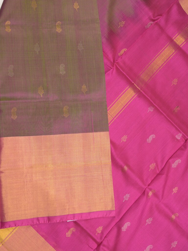 Uppada pattu saree greyish pink color allover zari motifs & long kaddi border with rich pallu and contrast plain blouse