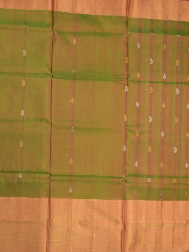 Uppada pattu saree olive green color allover zari motifs & long kaddi border with rich pallu and contrast plain blouse