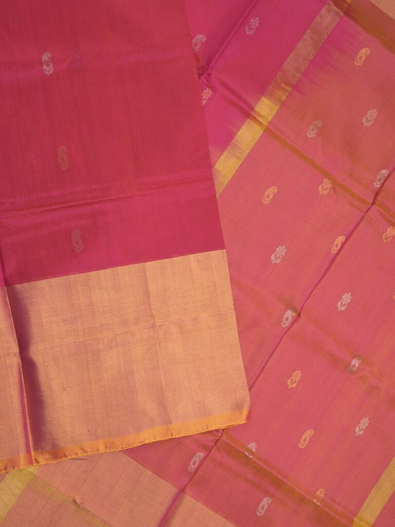 Uppada pattu saree pink color allover zari motifs & long kaddi border with rich pallu and contrast plain blouse