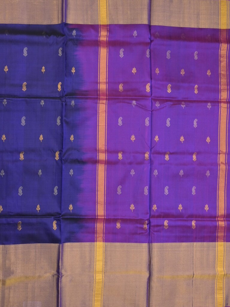 Uppada pattu saree royal blue color allover zari motifs & long kaddi border with rich pallu and contrast plain blouse