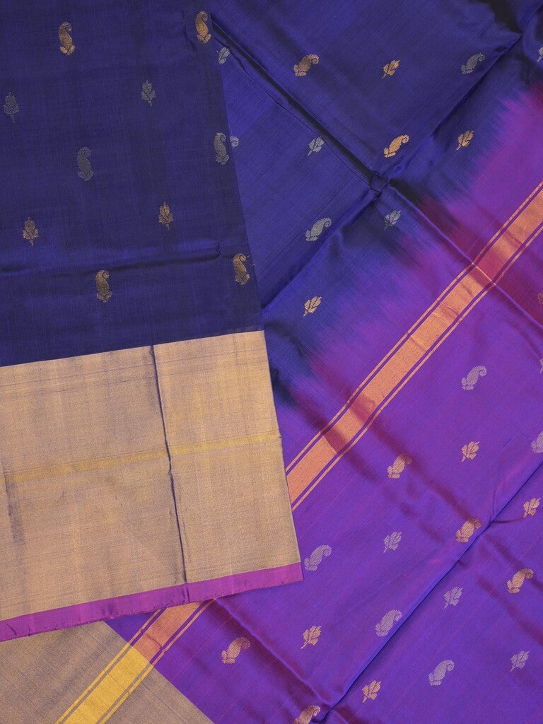 Uppada pattu saree royal blue color allover zari motifs & long kaddi border with rich pallu and contrast plain blouse