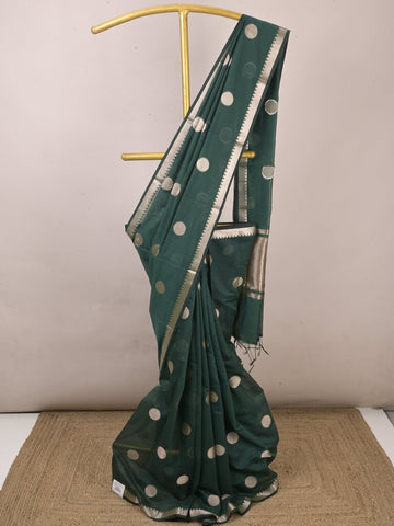 Maheshwari fancy saree for women | bottle green | allover motifs | self-blouse | party wear
