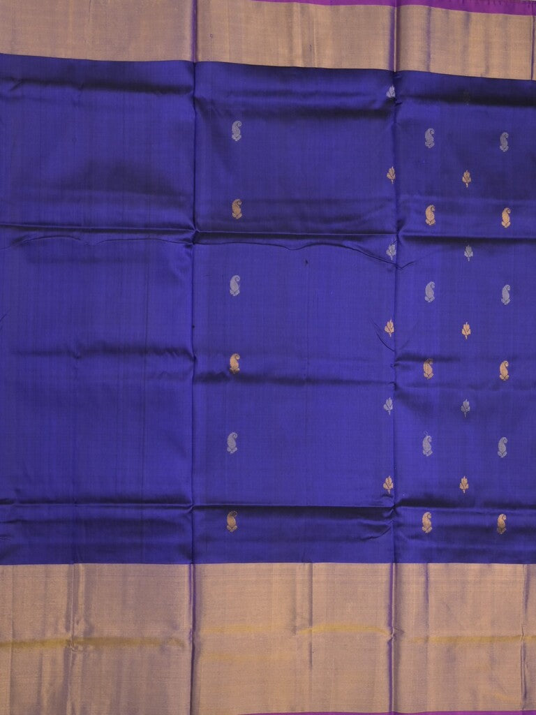Uppada pattu saree royal blue color allover zari motifs & long kaddi border with rich pallu and contrast plain blouse