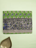 Kalamakari cotton saree parrot green color allover prints & printed border with printed pallu and contrast blouse