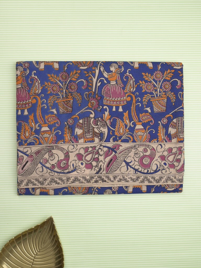 Kalamakari cotton saree royal blue color allover prints & printed border with printed pallu and contrast blouse