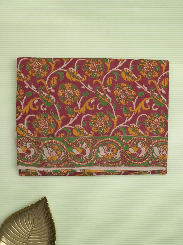 Kalamakari cotton saree maroon color allover prints & printed border with printed pallu and contrast blouse