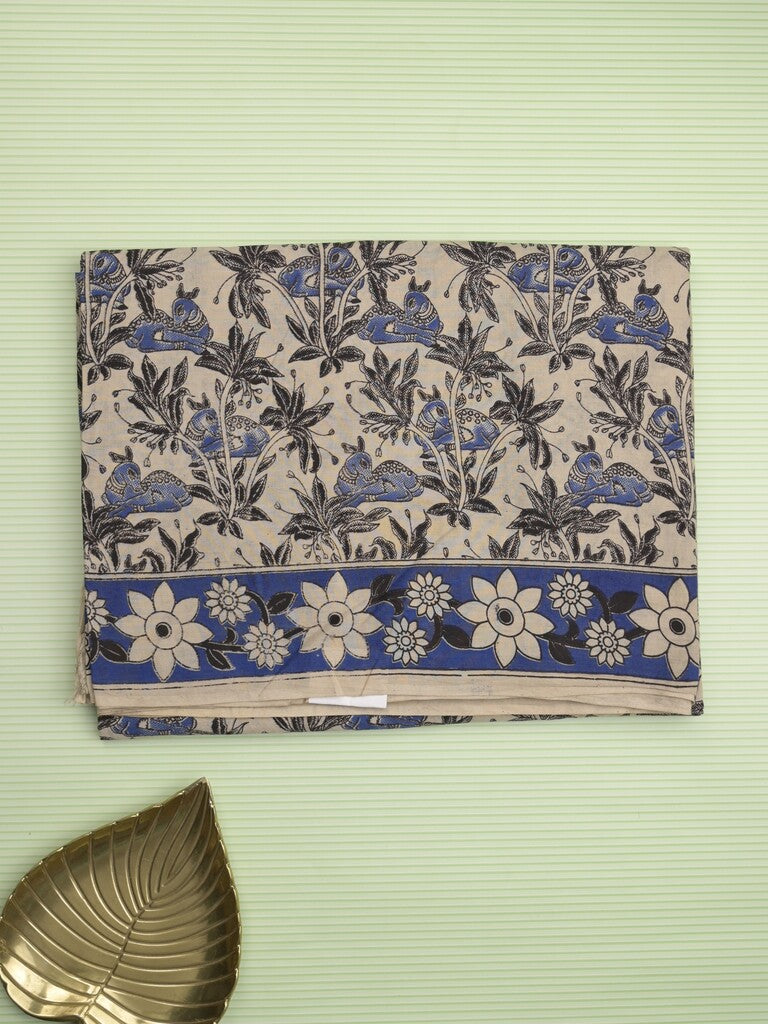 Kalamakari cotton saree half white color allover prints & printed border with printed pallu and contrast blouse