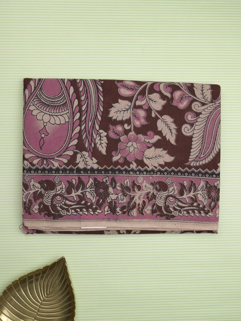 Kalamakari cotton saree brown color allover prints & printed border with printed pallu and contrast blouse