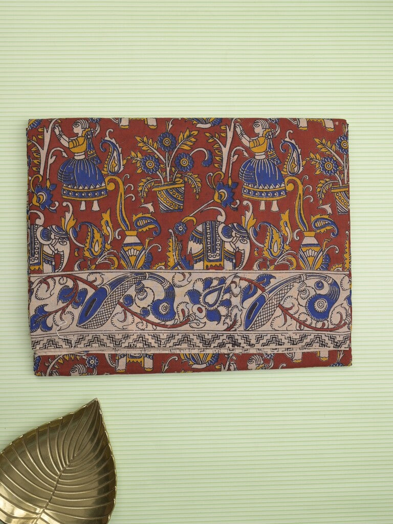 Kalamakari cotton saree maroon color allover prints & printed border with printed pallu and contrast blouse