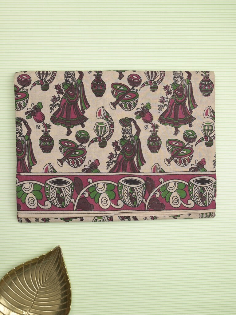 Kalamakari cotton saree half white color allover prints & printed border with printed pallu and contrast blouse