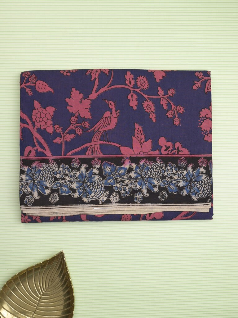 Kalamakari cotton saree navy blue color allover prints & printed border with printed pallu and contrast blouse