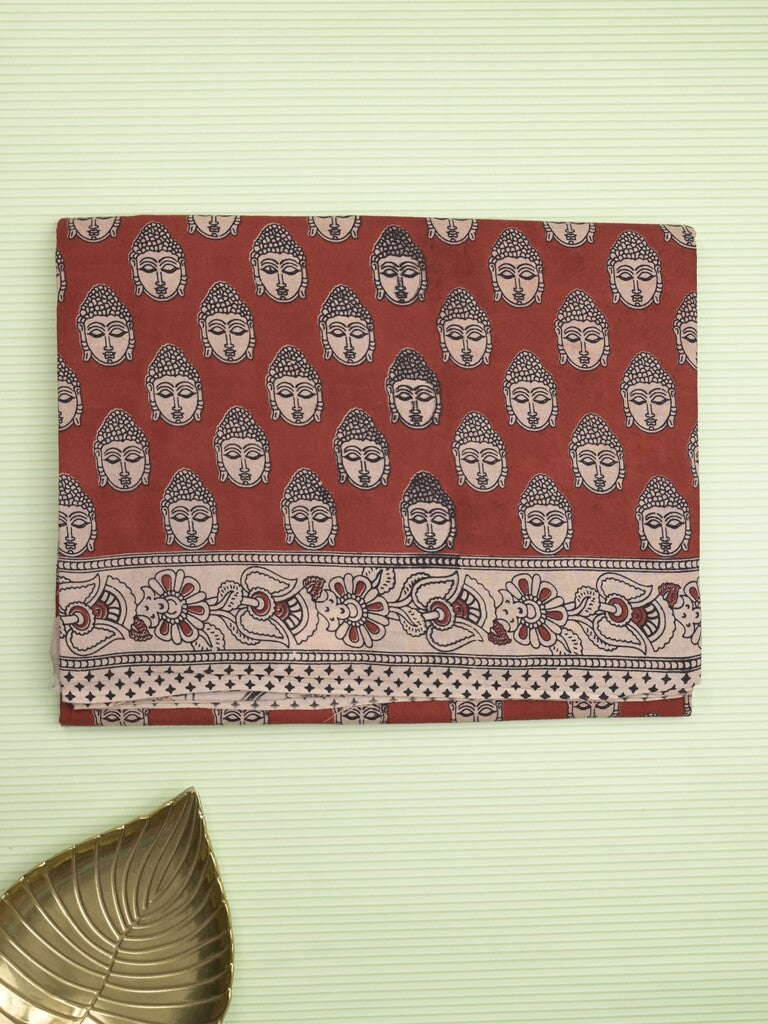 Kalamakari cotton saree maroon color allover prints & printed border with printed pallu and contrast blouse