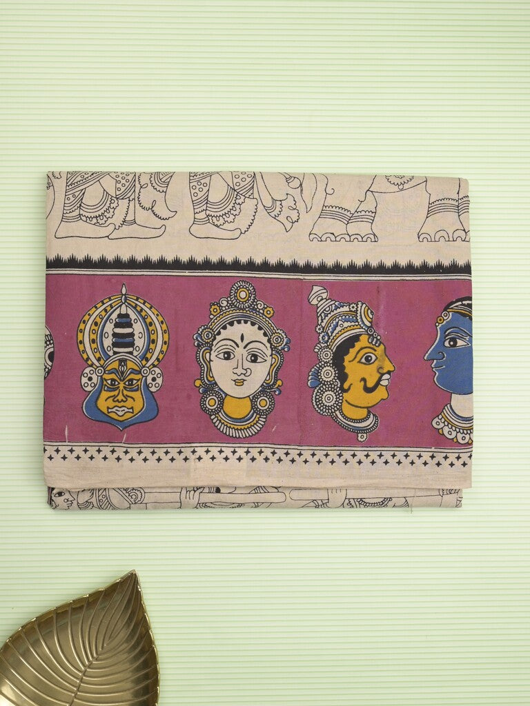 Kalamakari cotton saree half white color allover prints & printed border with printed pallu and contrast blouse