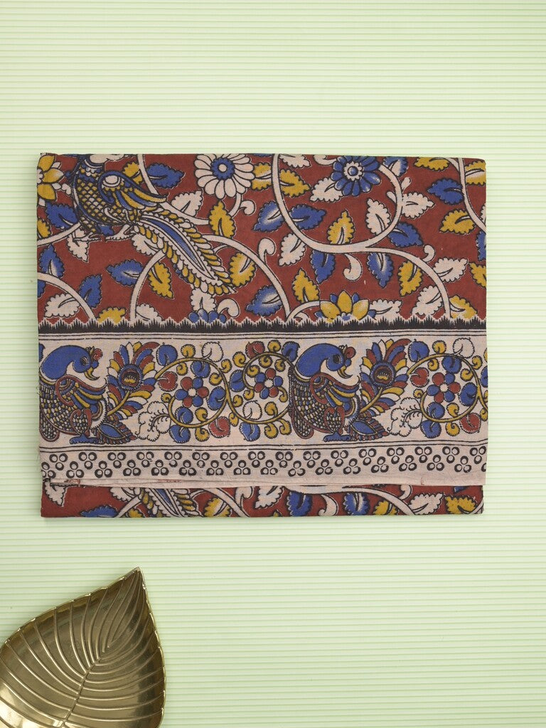 Kalamakari cotton saree red color allover prints & printed border with printed pallu and contrast blouse