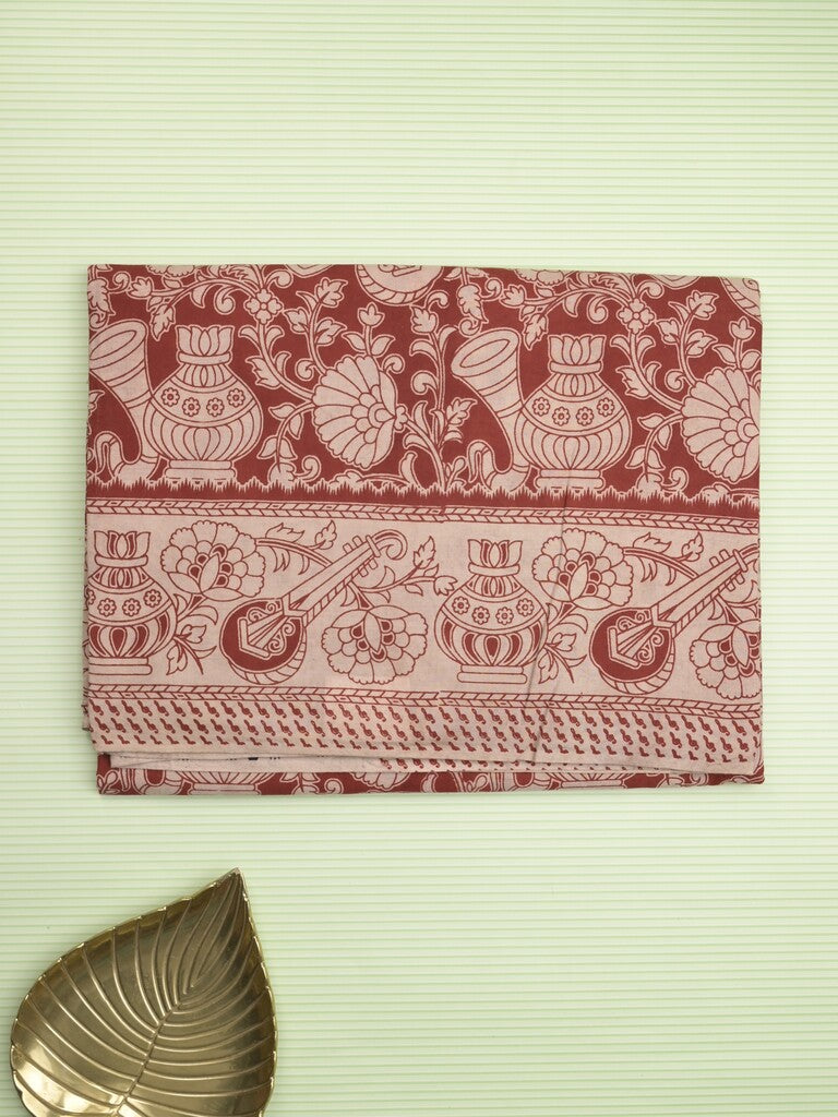 Kalamakari cotton saree red color allover prints & printed border with printed pallu and contrast blouse