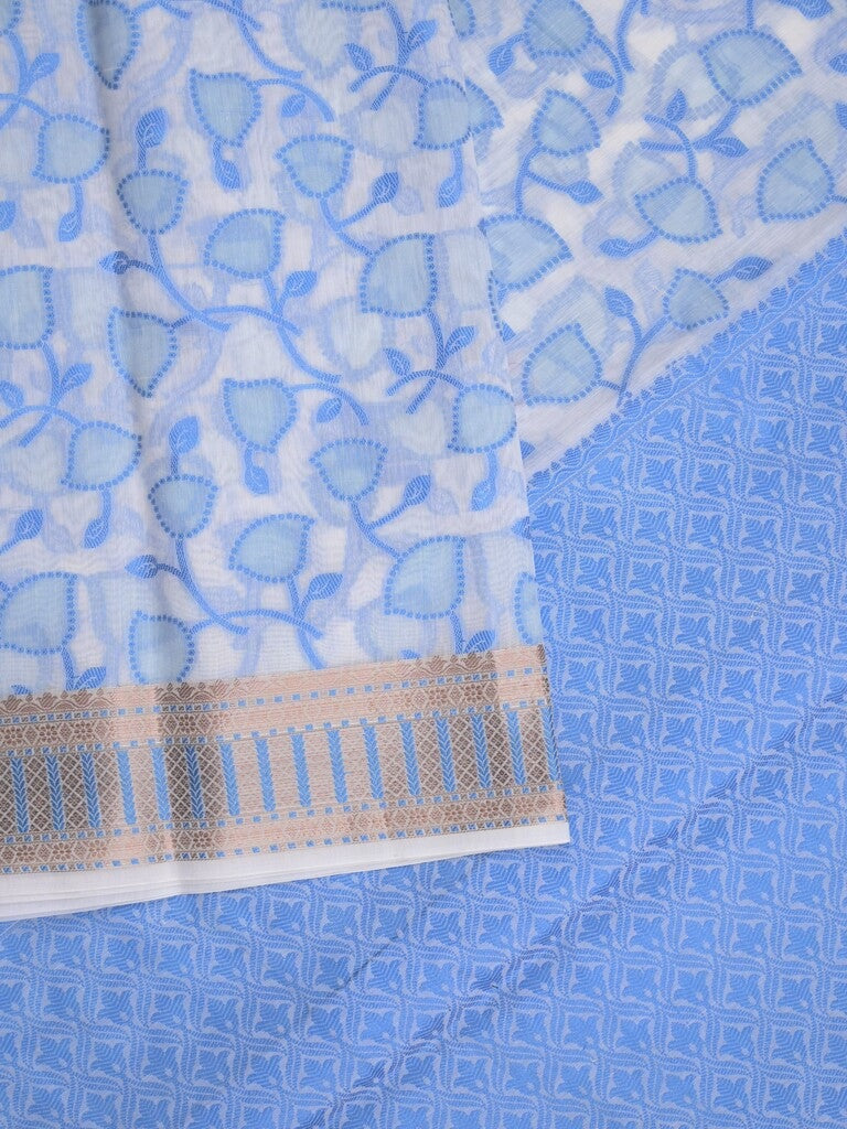 Chanderi fancy saree in white color with allover weaves and zari border with contrast pallu and blouse