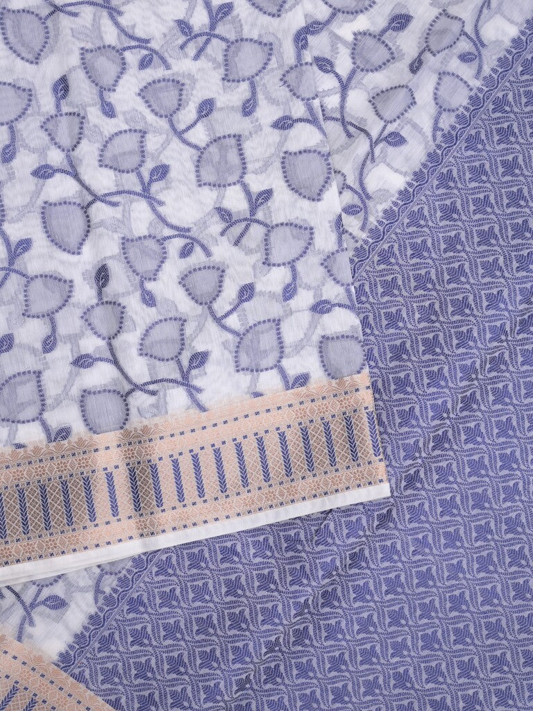 Chanderi fancy saree in white color with allover weaves and zari border with contrast pallu and blouse