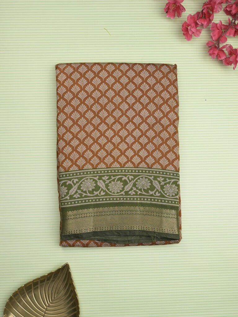 Maheshwari fancy saree mustard yellow color allover prints & zari border with contrast printed pallu and blouse