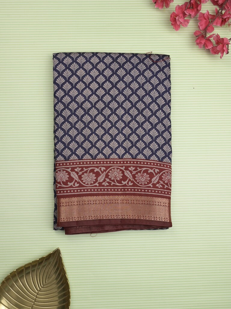 Maheshwari fancy saree navy blue color allover prints & zari border with contrast printed pallu and blouse