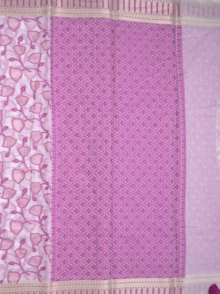 Chanderi fancy saree in white color with allover weaves and zari border with contrast pallu and blouse