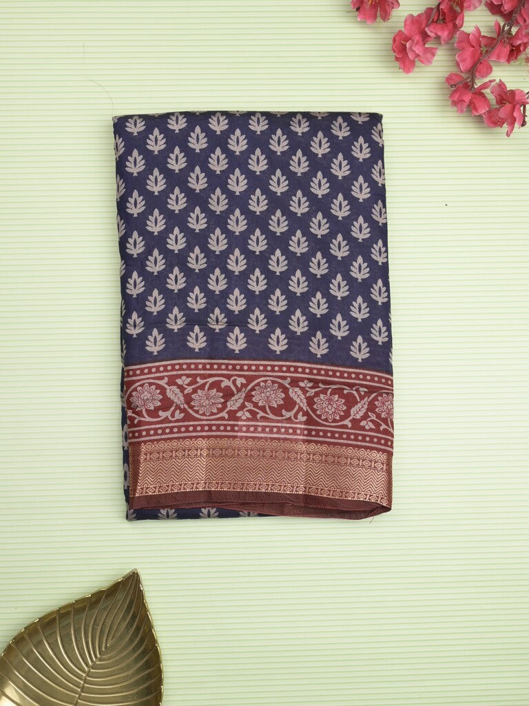 Maheshwari fancy saree navy blue color allover prints & zari border with contrast printed pallu and blouse