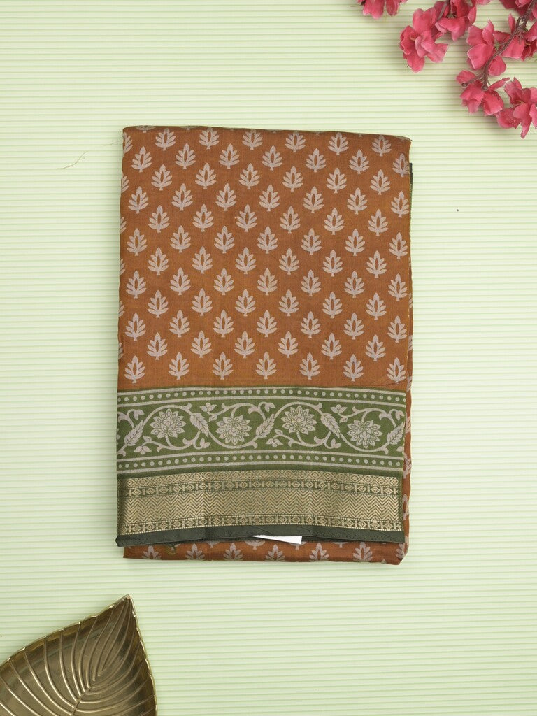 Maheshwari fancy saree mustard yellow color allover prints & zari border with contrast printed pallu and blouse