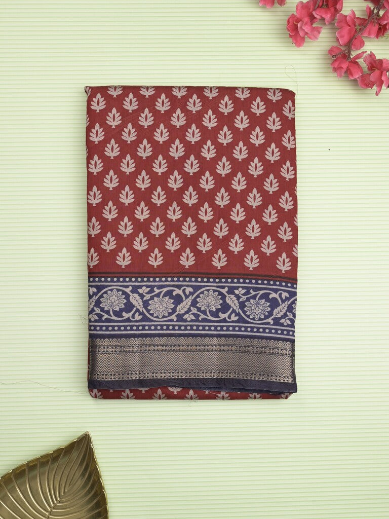 Maheshwari fancy saree maroon color allover prints & zari border with contrast printed pallu and blouse
