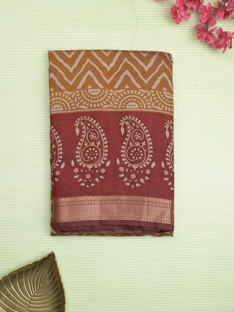 Maheshwari fancy saree mustard yellow color allover prints & zari border with contrast printed pallu and blouse