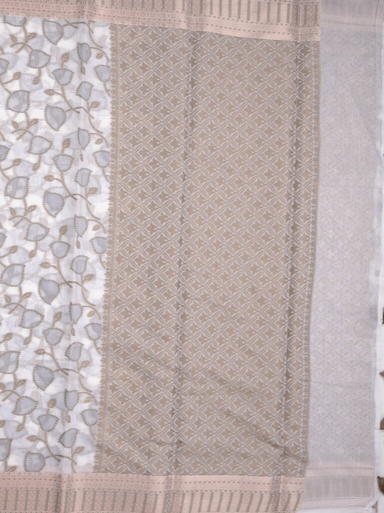 Chanderi fancy saree in white color with allover weaves and zari border with contrast pallu and blouse
