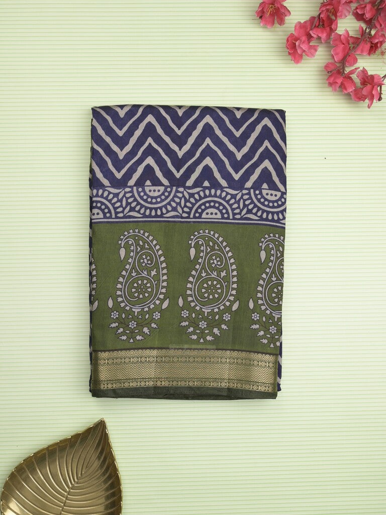 Maheshwari fancy saree royal blue color allover prints & zari border with contrast printed pallu and blouse
