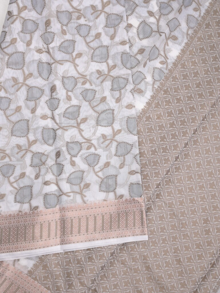 Chanderi fancy saree in white color with allover weaves and zari border with contrast pallu and blouse