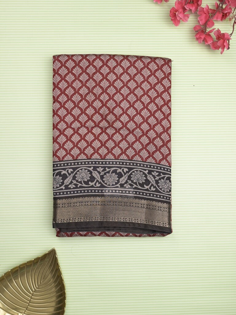 Maheshwari fancy saree maroon color allover prints & zari border with contrast printed pallu and blouse