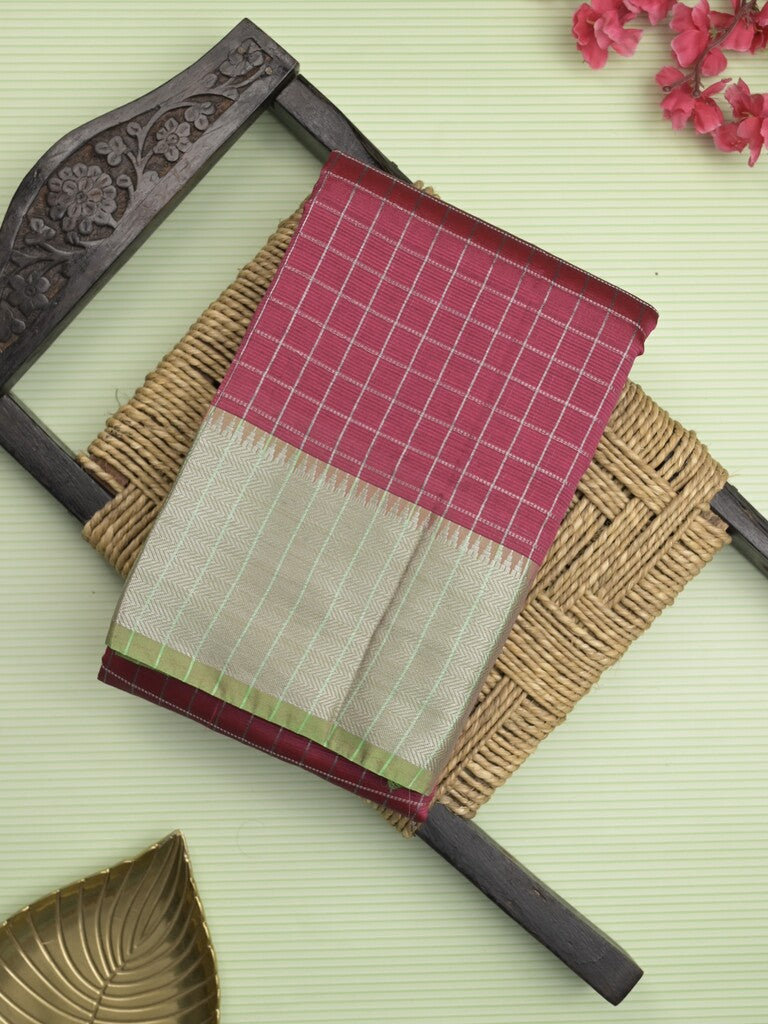 Mangalagiri fancy saree wine color allover zari checks & kaddi border with contrast pallu and plain blouse