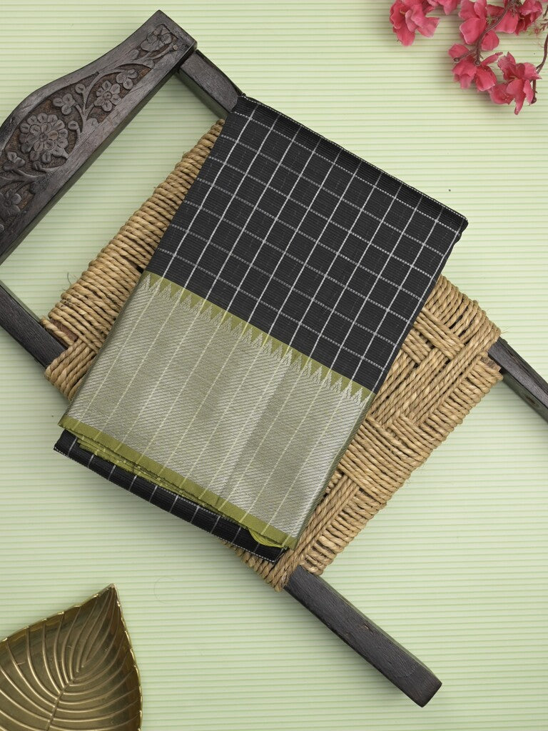Mangalagiri fancy saree black color allover zari checks & kaddi border with contrast pallu and plain blouse