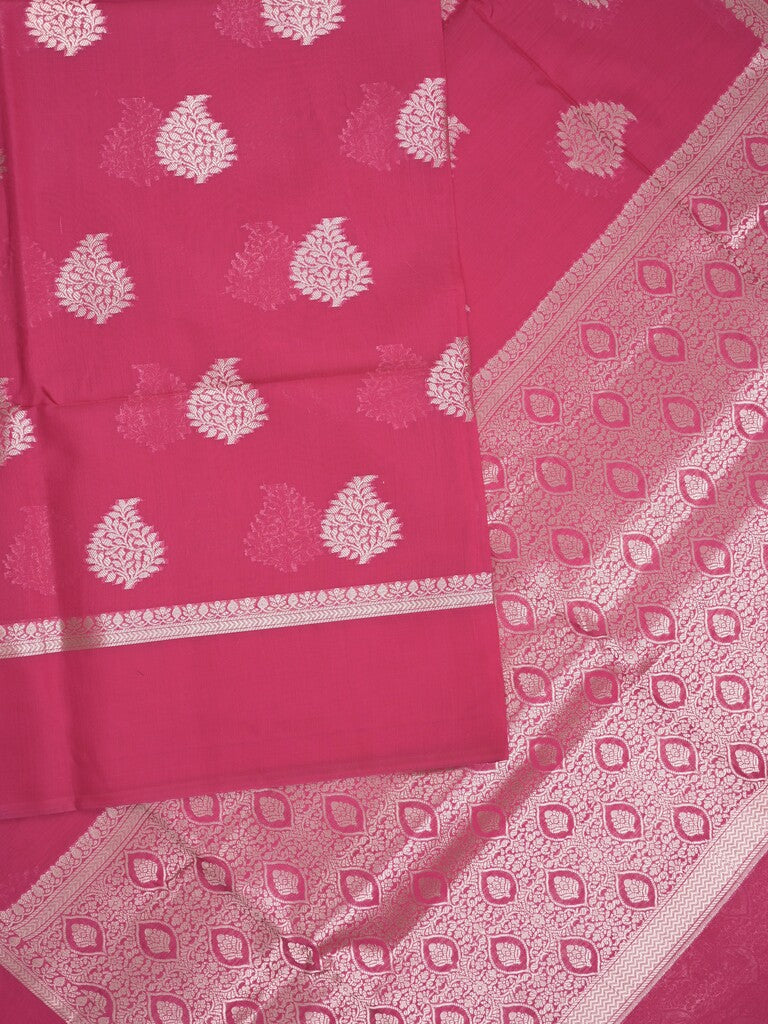 Chanderi fancy saree pink color allover zari motifs and zari border with brocade pallu and blouse