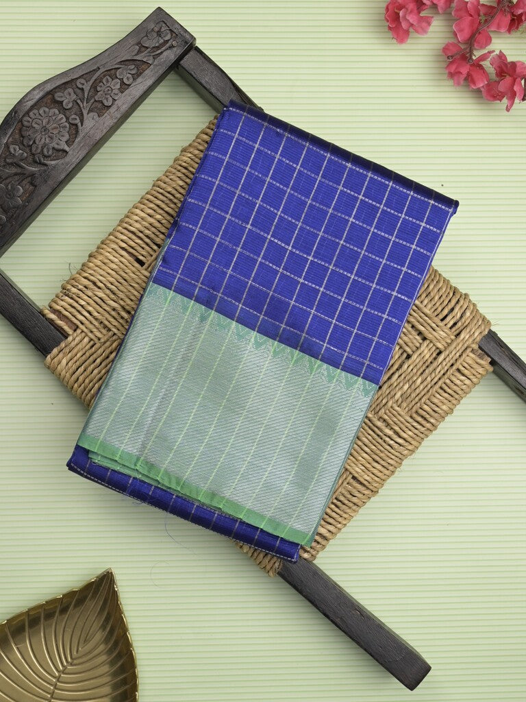 Mangalagiri fancy saree royal blue color allover zari checks & kaddi border with contrast pallu and plain blouse