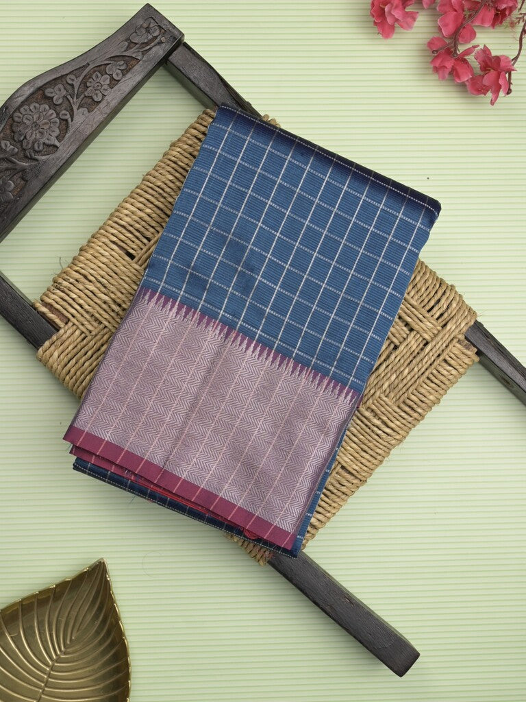 Mangalagiri fancy saree navy blue color allover zari checks & kaddi border with contrast pallu and plain blouse
