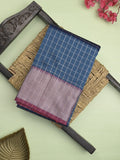 Mangalagiri fancy saree navy blue color allover zari checks & kaddi border with contrast pallu and plain blouse