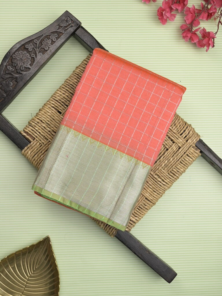 Mangalagiri fancy saree light pink color allover zari checks & kaddi border with contrast pallu and plain blouse