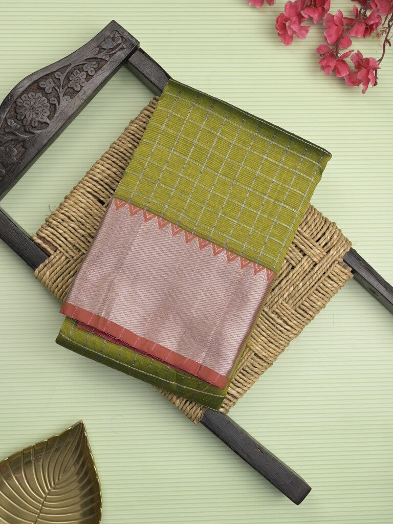 Mangalagiri fancy saree olive green color allover zari checks & kaddi border with contrast pallu and plain blouse