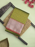 Mangalagiri fancy saree olive green color allover zari checks & kaddi border with contrast pallu and plain blouse