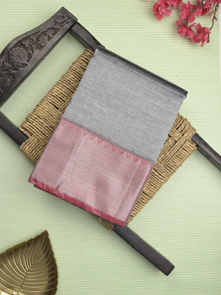 Mangalagiri fancy saree grey color allover zari checks & kaddi border with contrast pallu and plain blouse