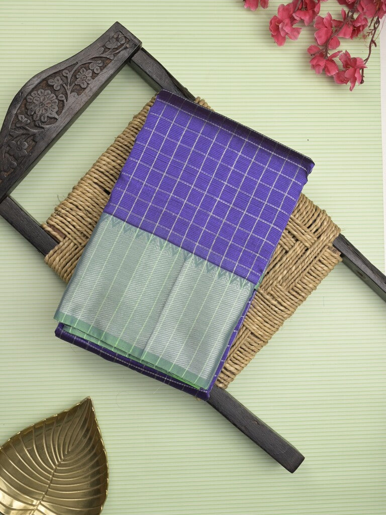Mangalagiri fancy saree royal blue color allover zari checks & kaddi border with contrast pallu and plain blouse