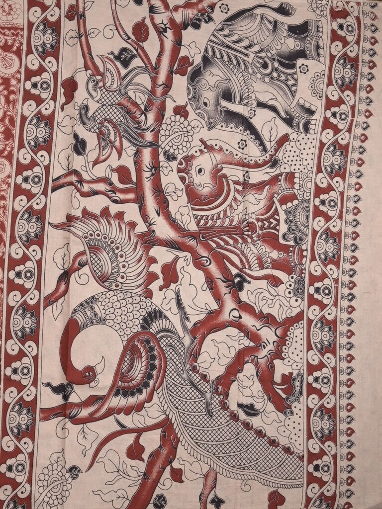 Kalamakari cotton saree red color allover prints & printed border with printed pallu and contrast blouse